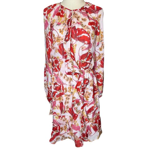 Parker Bertie Silk Floral Print Mini Dress Blouson Ruffle A-line size Large - Picture 1 of 6